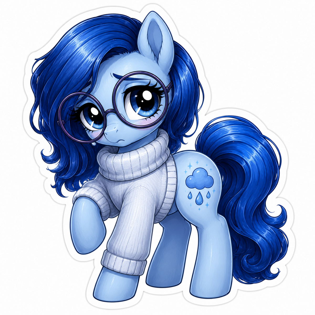 Sadness inspired blue pony sticker with round glasses, cozy white turtleneck sweater, rain cloud symbol and deep blue mane