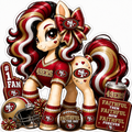 San Francisco 49ers fan pony sticker in red, gold, black and white with football helmet and game-day details