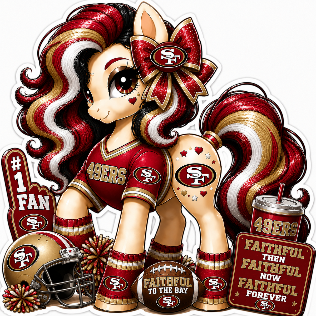 San Francisco 49ers fan pony sticker in red, gold, black and white with football helmet and game-day details
