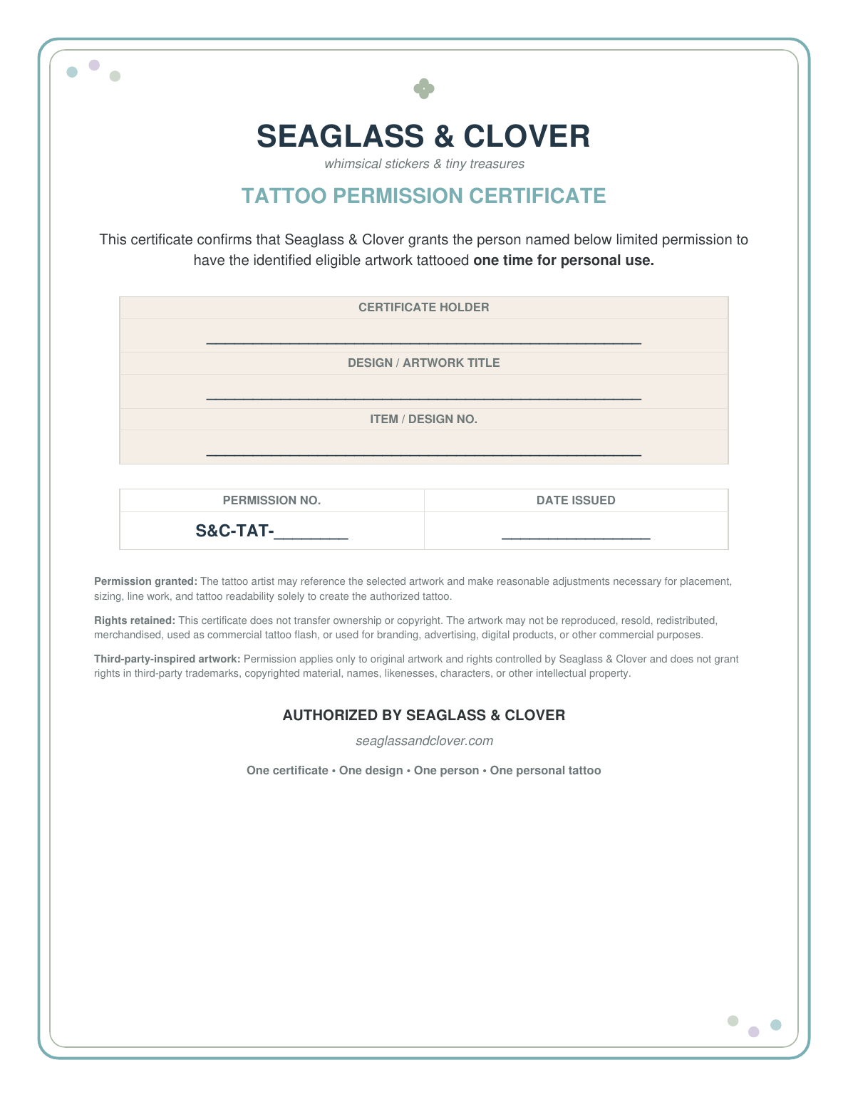 Seaglass & Clover Tattoo Permission Certificate preview