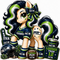 Seattle Seahawks fan pony sticker in navy, neon green and white with football helmet, bow and team fan gear