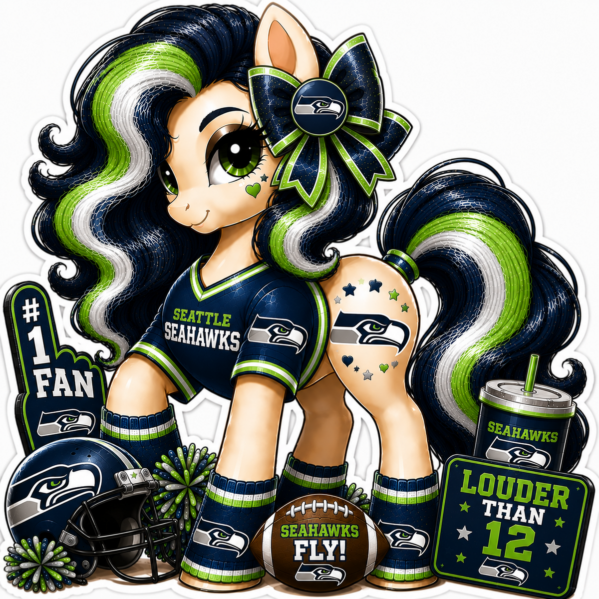 Seattle Seahawks fan pony sticker in navy, neon green and white with football helmet, bow and team fan gear