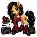 Music pony sticker inspired by Selena with burgundy stage outfit, rose, microphone, makeup bag and Como la Flor sign