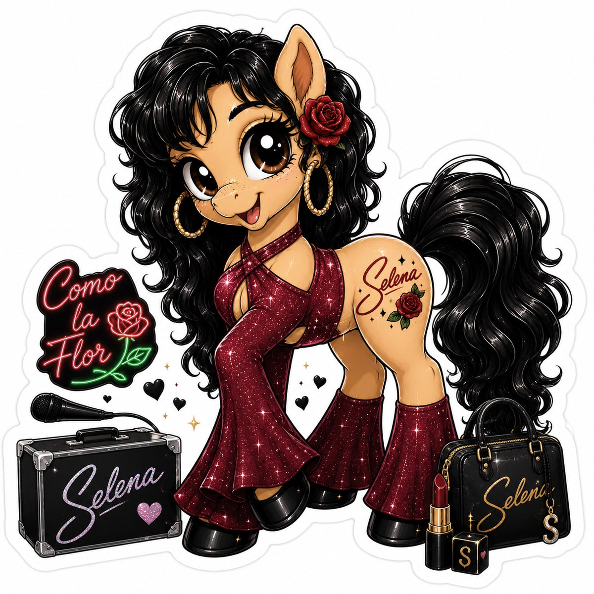 Music pony sticker inspired by Selena with burgundy stage outfit, rose, microphone, makeup bag and Como la Flor sign