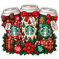 Christmas Starbucks-inspired hot coffee trio sticker with red green holiday bows candy canes ornaments and gifts