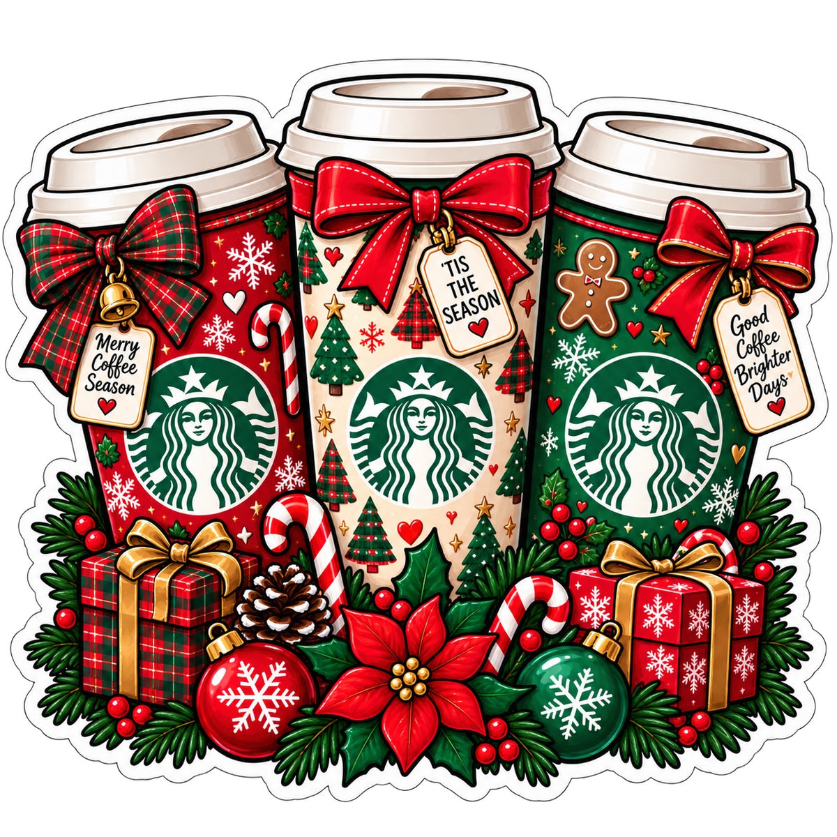 Christmas Starbucks-inspired hot coffee trio sticker with red green holiday bows candy canes ornaments and gifts