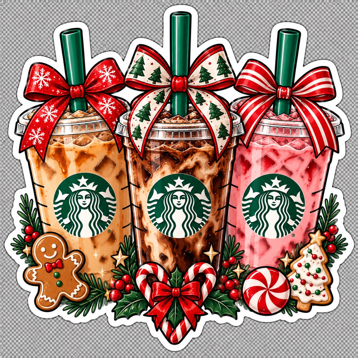 Christmas Starbucks-inspired iced coffee trio sticker with red green bows gingerbread peppermint holly and holiday treats