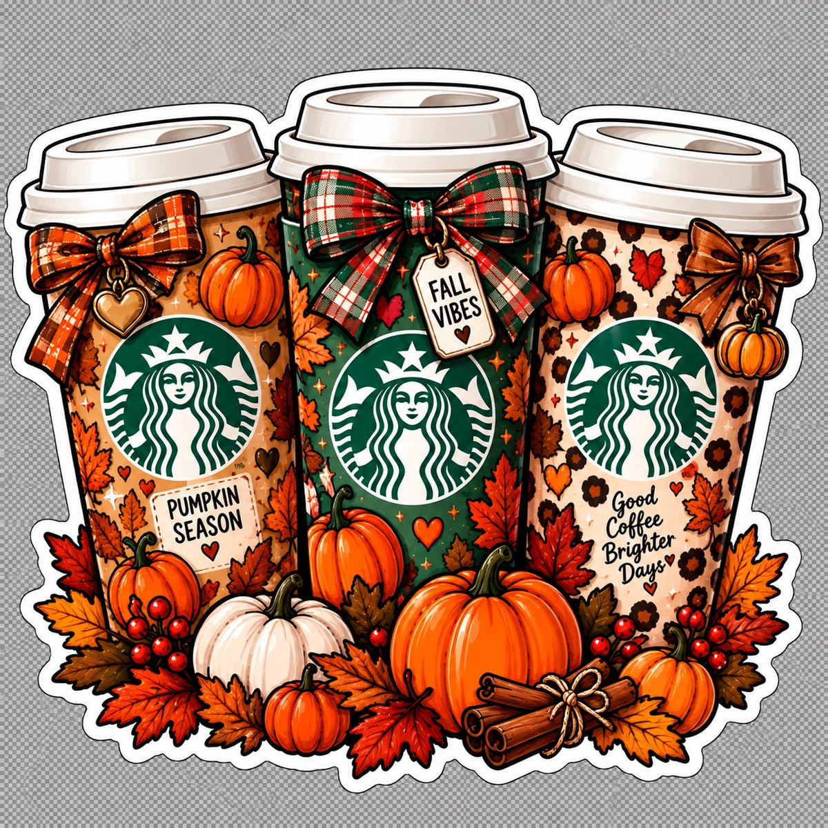 Fall Starbucks-inspired hot coffee trio sticker with pumpkins autumn leaves plaid bows and cozy seasonal details