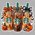 Halloween Starbucks-inspired iced coffee trio sticker with pumpkin ghost leopard bows bats spiderwebs and orange black fall details