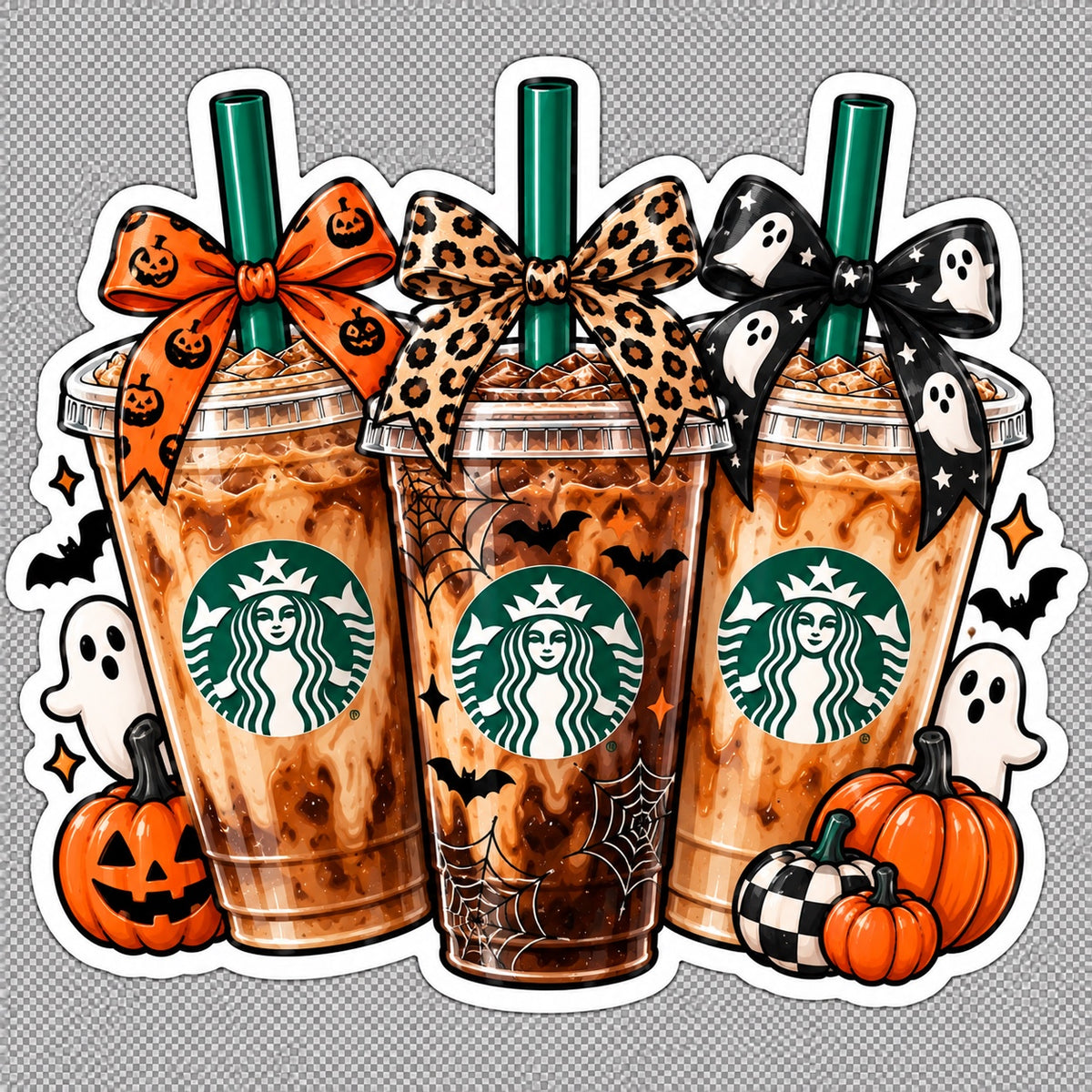 Halloween Starbucks-inspired iced coffee trio sticker with pumpkin ghost leopard bows bats spiderwebs and orange black fall details