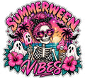 Pink beach skeleton with ghosts, bats, tropical flowers and text Summerween Vibes