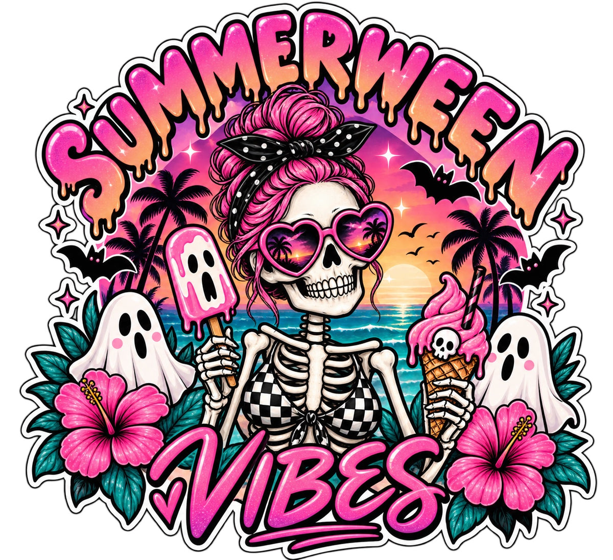 Pink beach skeleton with ghosts, bats, tropical flowers and text Summerween Vibes