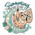 Summoning the Will to Live witchy coastal sticker with crescent moon, Ouija planchette, black nails, clovers and waves
