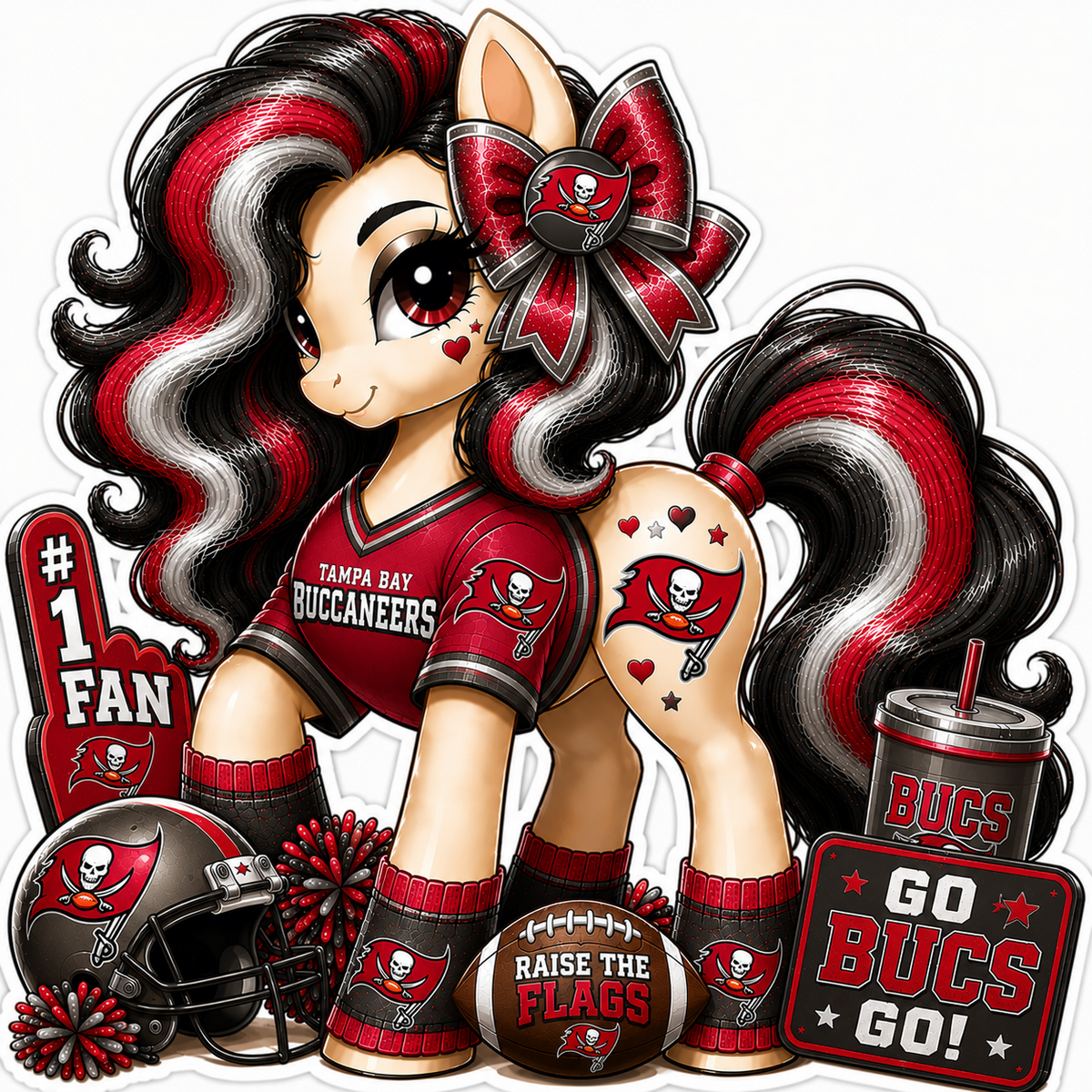 Tampa Bay Buccaneers fan pony sticker in red, black, white and pewter with football helmet and game-day accessories