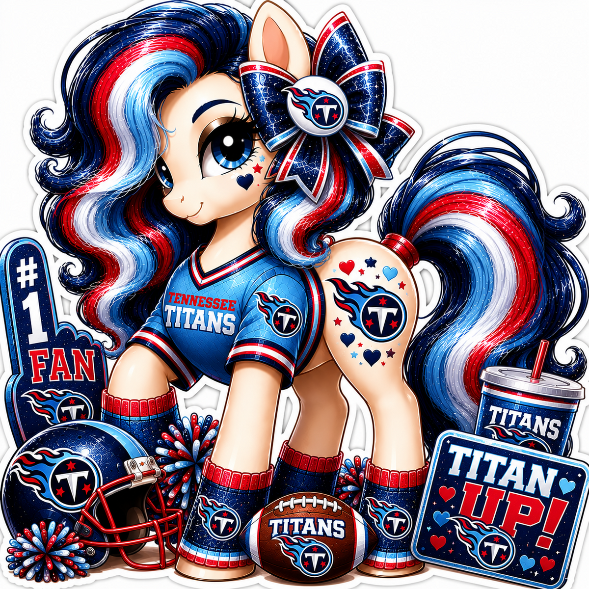 Tennessee Titans fan pony sticker in navy, light blue, red and white with football helmet and game-day details