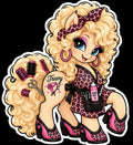 Blonde salon pony sticker in pink leopard print with hair rollers, scissors, comb, hair dryer and Aqua Net hairspray